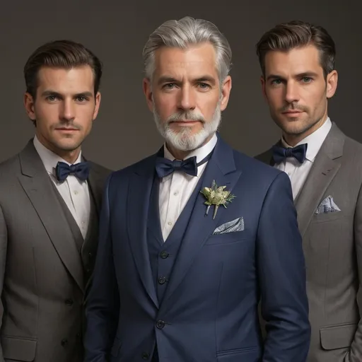Prompt: Standing confidently, three well-dressed men exude an air of sophistication as they pose for the camera against a subtly muted backdrop. The centerpiece is an older gentleman with striking silver hair and a well-groomed beard, adorned in a tailored dark navy suit complete with a stylish bow tie and a delicate flower pinned to his lapel. Flanking him are two younger men, both sharply dressed; one in a deep olive suit and the other in dark gray, each sporting patterned bow ties and similar floral accents, adding to the cohesive elegance. The warm lighting highlights their chiseled features and expressions that alternate between serious and confident, creating a striking image that conveys both camaraderie and a sense of celebration, likely indicative of a special occasion.