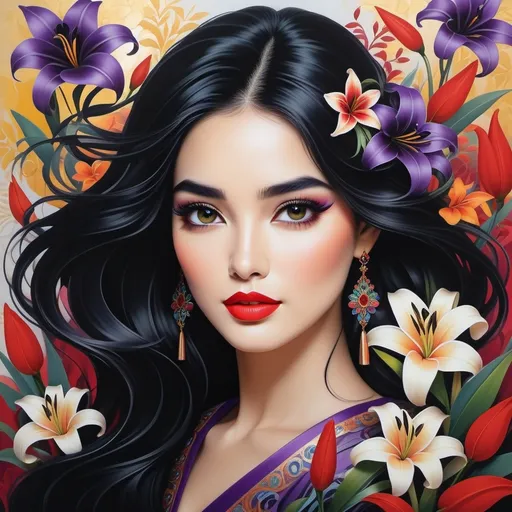 Prompt: With a mesmerizing blend of vibrant color and intricate detail, the artwork features a captivating figure with flowing, raven-black hair adorned with lush flowers, including elegant lilies and bright blossoms that frame her striking face. Her large, expressive eyes are accentuated with vivid makeup, combining shades of purple and a bold red lip that adds to her alluring presence. The background swirls with stylized floral patterns in soft pastels and vivid hues, enhancing the enchanting atmosphere. The overall composition radiates a sense of beauty and allure, evoking themes of femininity and nature intertwined in a harmonious display. This artwork, steeped in a rich color palette and fluid forms, conveys an ethereal quality that draws the viewer into its enchanting world.