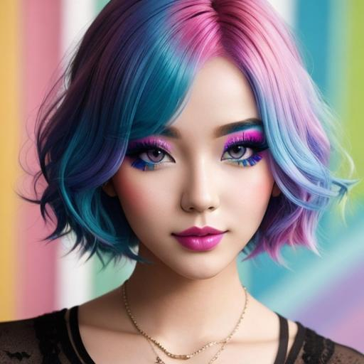 Prompt: Girl with colorful hair,fcolorful makeup, facial closeup