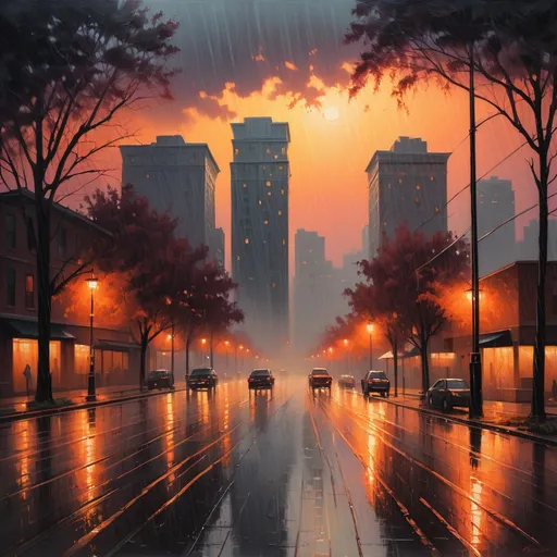 Prompt: a painting of a street light and trees in the rain at sunset with a cityscape in the background, Alena Aenami, american scene painting, intricate oil painting, a fine art painting