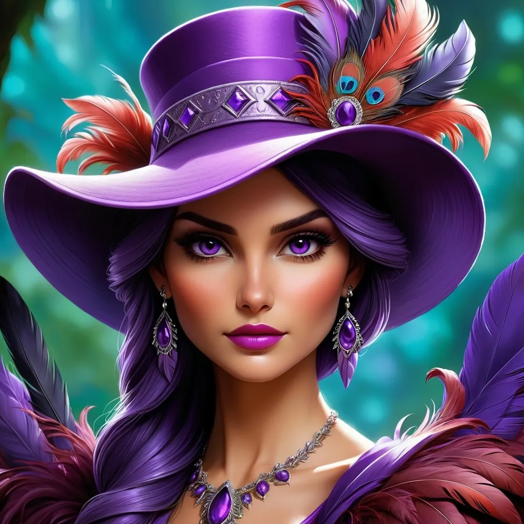 Prompt: a painting of a woman wearing a purple hat with feathers on it's brim and a purple dress, Anne Stokes, fantasy art, highly detailed digital painting, a detailed painting