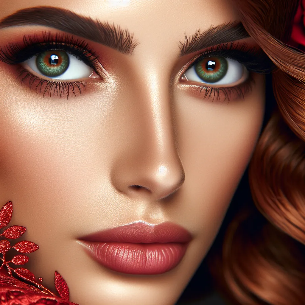 Prompt: A lady in red,hazel eyes, Auburn hair, facial closeup