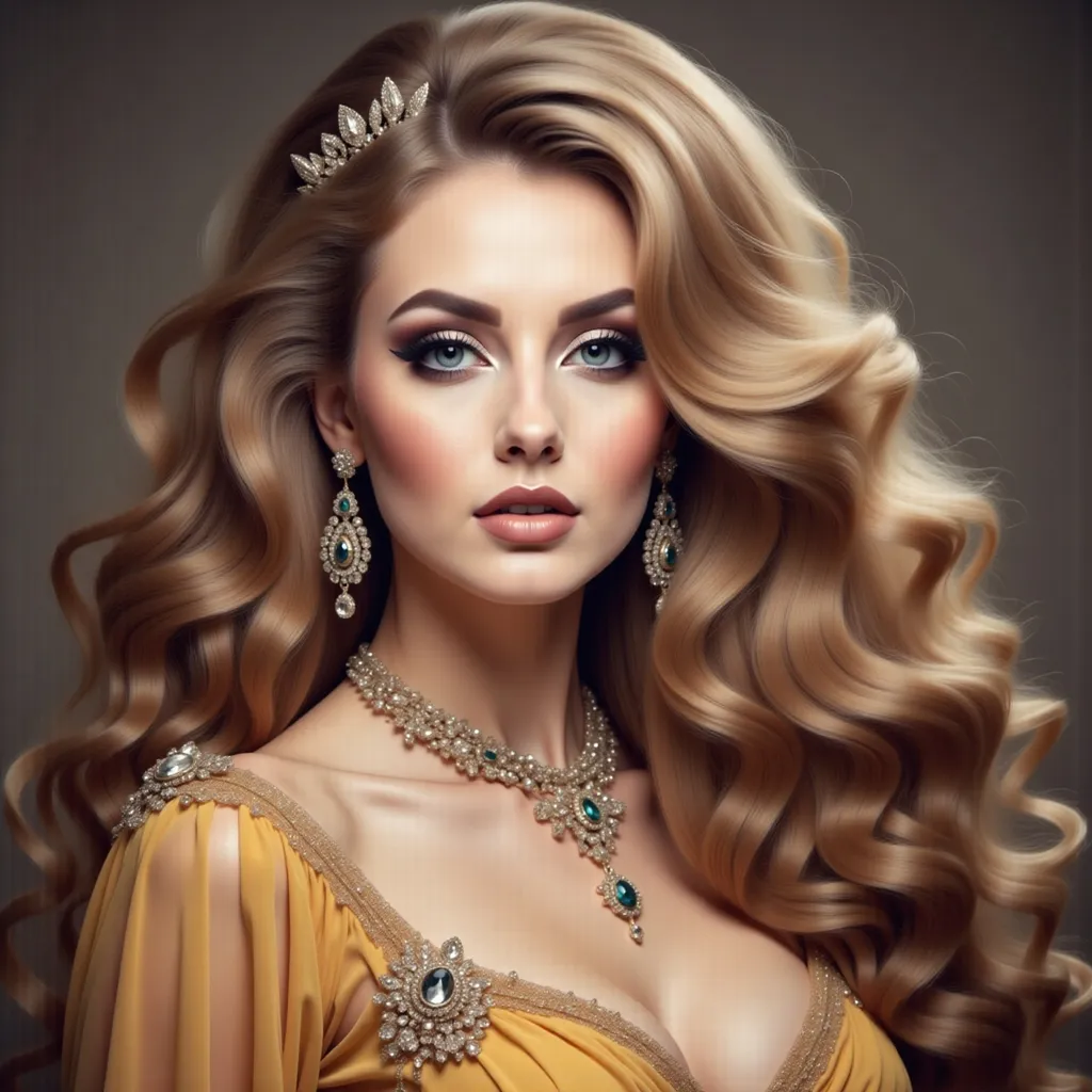 Prompt: a beautiful woman with long hair wearing a golden dress and jewelry on her head, with a tiara and earrings on her head, Charlie Bowater, fantasy art, highly detailed digital painting, a detailed painting