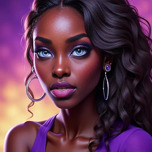 Prompt: This is a highly detailed, digital painting of a young Black woman with a strikingly beautiful face, rendered in a hyper-realistic, semi-surreal style. The woman has a deep brown skin tone with a smooth, flawless complexion. Her large, expressive eyes are a vivid purple, matching her bold, glossy purple lipstick. Her long, wavy hair is a rich, dark brown with a subtle purple hue, cascading around her face and shoulders. She wears a simple, sleeveless purple top that complements her eye and lip color. The background is a gradient of vibrant colors, transitioning from pink at the top to yellow at the bottom, adding to the surreal and dreamlike quality of the image. The lighting is dramatic, with a strong purple highlight on her left cheek and a yellow glow on her right, creating a sense of depth and dimension. The overall composition focuses on her face, with a slight tilt to her head, giving her a mysterious and captivating expression. The image is rich in color and texture, with a glossy finish on her lips and eyes, adding to the realism and depth of the digital artwork.