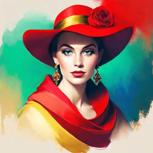 Prompt: Beautiful ethereal woman. color scheme of tuquoise and red., wearing turquoise and gold jewlery, wearing a red hat with red flowers, facial closeup