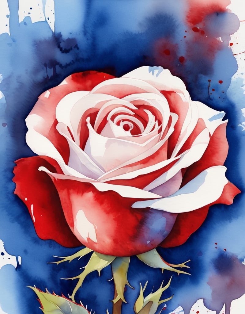 Prompt: watercolor,red, white and blue rose bush