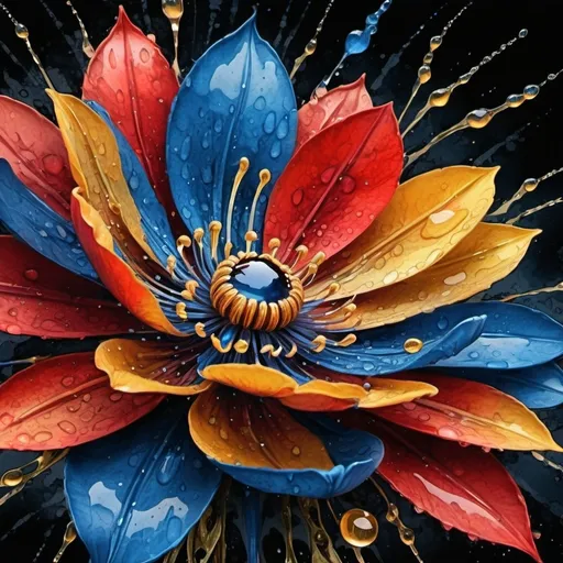 Prompt: digital watercolor painting, a painting of a blue and gold flower with drops of water on it's petals and leaves on the petals, Android Jones, generative art, fractals, an airbrush painting, paint splatter, black and red, bold brush strokes, art nouveau