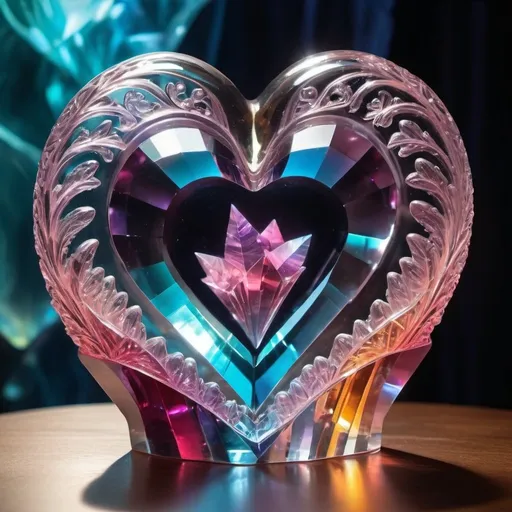 Prompt: Heart-shaped crystal sculpture, glowing with ethereal light, surreal fantasy setting, intricate details, radiant colors, high quality, surrealism, vibrant hues, dreamy lighting