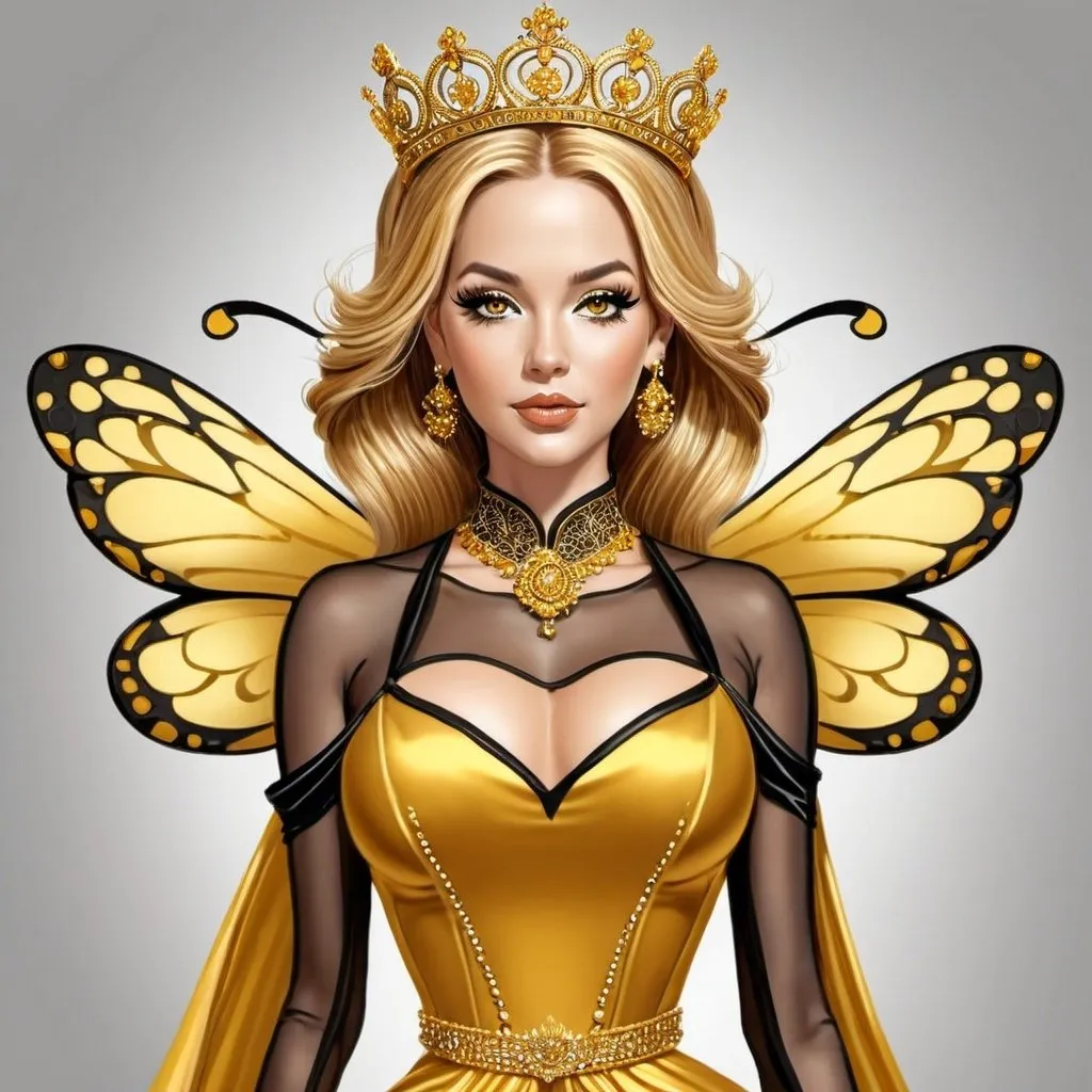 Prompt: <mymodel>Queen bee-A beautiful woman with golden hair arrainged in a top knot behind a gold tiara. Amber colored eyes, gown in colors of yellow and black, facial closeup