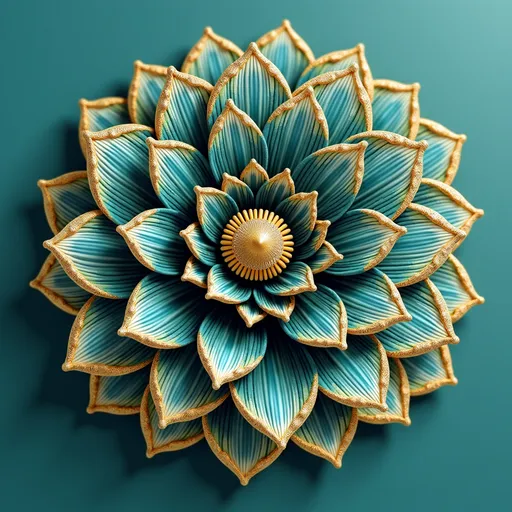 Prompt: a blue flower with a yellow center on a blue background with a gold center on the center of the flower, Elizabeth Murray, cloisonnism, highly detailed digital painting, a 3D render