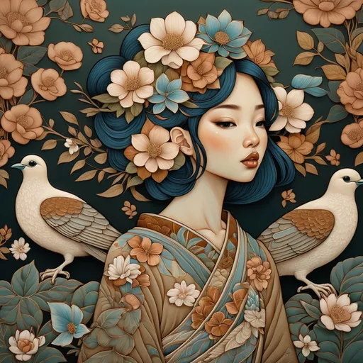 Prompt:  a woman with flowers in her hair and two birds on her shoulders, Audrey Kawasaki, cloisonnism, highly detailed digital painting, a detailed painting