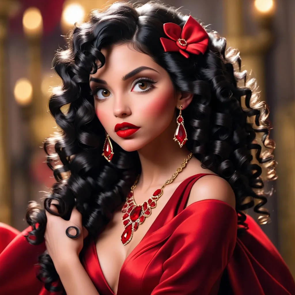 Prompt: woman with curly black hair, red lips,  Red dress, wearing ruby jewelry, facial closeup
