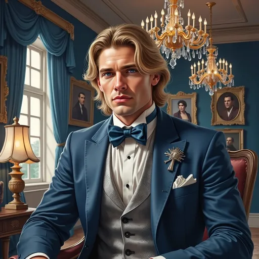 Prompt: This is a highly detailed, photorealistic digital artwork depicting a young, Caucasian man with striking features and long, straight blonde hair that falls past his shoulders. He has fair skin, blue eyes, and a strong jawline. He is dressed in an elegant, navy blue suit with a white dress shirt and a silver vest adorned with intricate patterns. A matching navy blue cravat with a silver tie pin is neatly tied around his neck. A pocket square in a darker shade of blue peeks out from his breast pocket. The man is seated in a luxurious, ornately decorated room. The background features dark, paneled walls with gold accents and several framed portraits. Two elaborate chandeliers with crystal accents hang from the ceiling, casting a warm, soft light. A large window with blue curtains is visible in the background, allowing natural light to filter in. To the left, there is a table lamp with a white shade. The man's confident, slightly smirking expression and the rich, opulent setting suggest a sense of sophistication and elegance. The overall style of the artwork is realistic with a touch of romanticism, emphasizing luxury and refined taste.