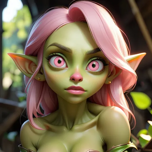 Prompt: beautiful goblin girl, showing clevage, pink Areolae, light pink nose, yellow eyes, green skin, smooth skin, supple lips, soft skin, very young