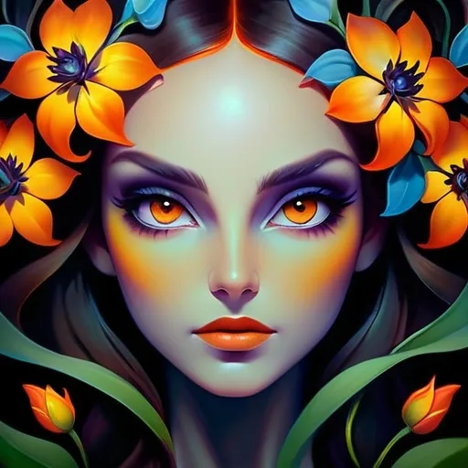 Prompt: Beautiful  hybrid woman with flowers sprouting from her, oil painting, detailed fiery eyes, ethereal glow, dark and mysterious, high quality, vibrant colors, surreal, haunting, intricate floral details, intense gaze, mystical atmosphere, oil painting, demon, hybrid, fiery eyes, ethereal, vibrant colors, surreal, haunting, floral details, intense gaze, mystical atmosphere