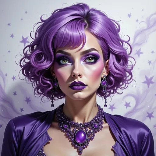 Prompt: a woman with purple makeup and purple hair is wearing a purple outfit and purple necklaces and purple eyeliner, Eva Frankfurther, synchromism, purple, a photorealistic painting