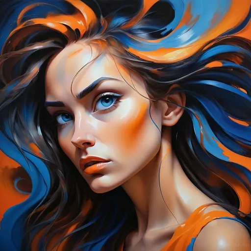 Prompt: Woman with blue/orange colorscape, abstract art, vibrant brush strokes, high contrast, oil painting, flowing hair, intense gaze, surreal atmosphere, best quality, vibrant, abstract, oil painting, high contrast, intense gaze, surreal, flowing hair, professional, atmospheric lighting