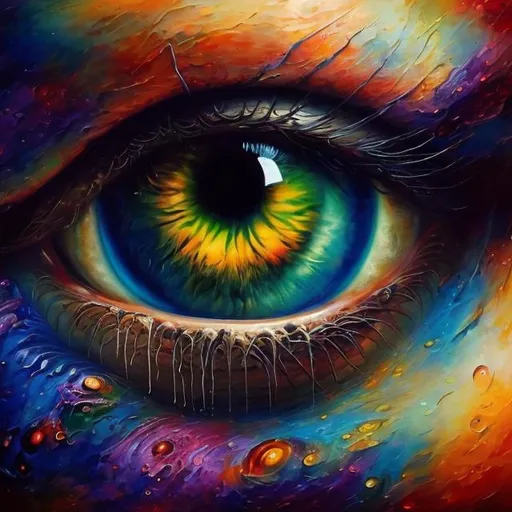 Prompt: Surreal painting of eyes, oil painting, abstract, vibrant colors, dreamlike atmosphere, high quality, surrealism, detailed iris, artistic brushstrokes, mesmerizing, surrealistic, intense gaze, mystical lighting