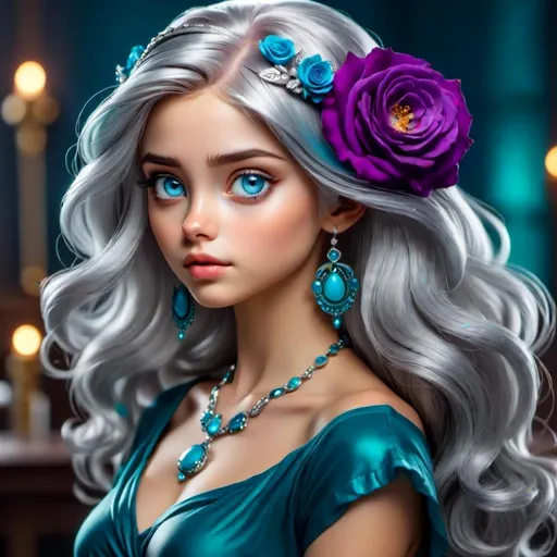 Prompt: <mymodel>Cosmic Epic Beauty, Beautiful and Gorgeous, purple roses in hair and wearing turquoise jewelry