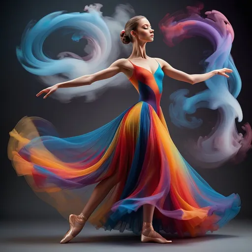 Prompt: A stunning digital artwork depicting a graceful ballerina in mid-pose, captured at the peak of her movement. She wears a magnificent, flowing dress that appears to be made of swirling, colourful smoke or liquid, creating a dynamic and ethereal effect. The dress transitions through a spectrum of vibrant colours, from deep purples and blues to fiery reds, oranges, and yellows, which seem to trail behind her as she dances. Her poised stance and the fluidity of her attire convey a sense of elegance and motion, with the dark background further emphasizing the bright, explosive colours of the dress. The image beautifully captures the essence of ballet combined with a surreal, almost magical atmosphere.