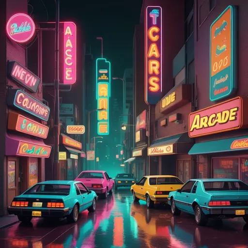 Prompt: Vintage-inspired digital artwork of a bustling 1985 cityscape, retro color palette, detailed pixel art, arcade machines, neon signs, classic cars, high-res, 80s aesthetic, pixel art, vibrant colors, nostalgic vibe