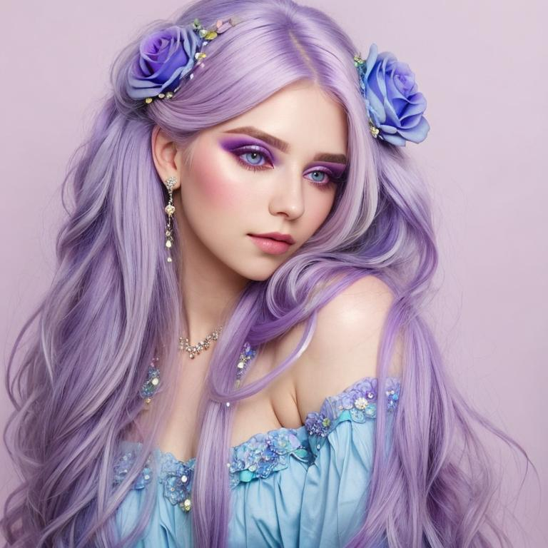 Prompt: A beautiful woman, white hair with pastel purple highlights, violet eyes, blue eyeshadow, pastel blue roses in her hair, blue jewels on forehead