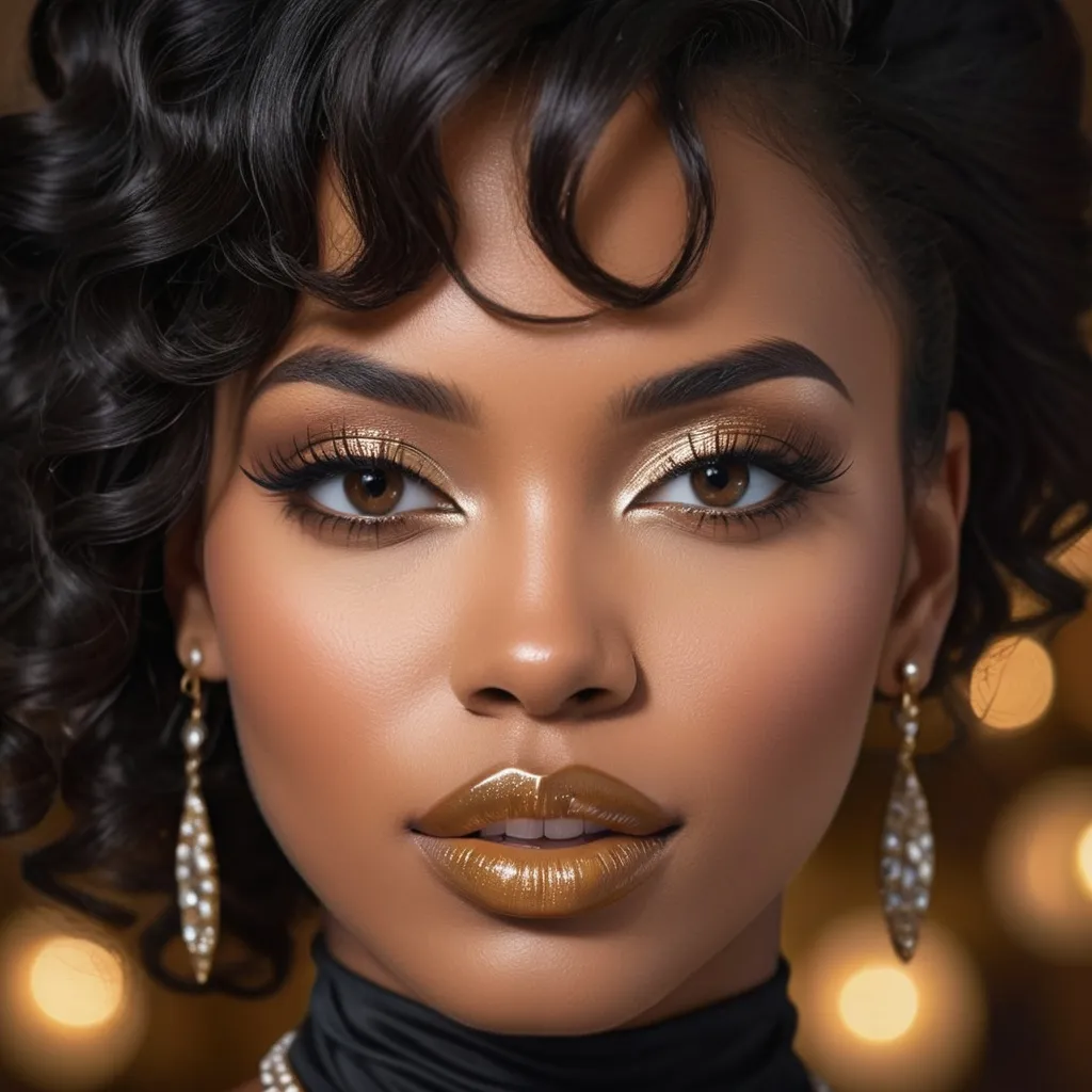 Prompt: photorealistic image, African American High Fashion Glamour Model with beautiful black hair and striking brown colored eyes, (elegant setting), elegant fancy dress exquisite pose, detailed facial features, (high detailed skin:1.2), refined clothing with sophisticated styling, soft lighting creating a dreamy atmosphere, (8k UHD, DSLR), rich film grain texture, Fujifilm XT3, high-quality composition, artistic depth and allure, captivating elegance, luxurious ambiance, inviting and glamorous mood.