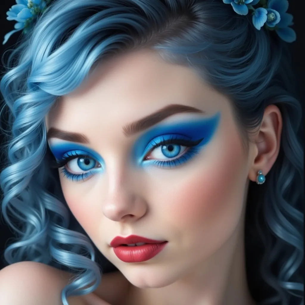 Prompt: a woman with blue makeup and blue hair with blue eyeshades and blue hair with blue flowers on her head, Artgerm, fantasy art, highly detailed digital painting, a detailed painting