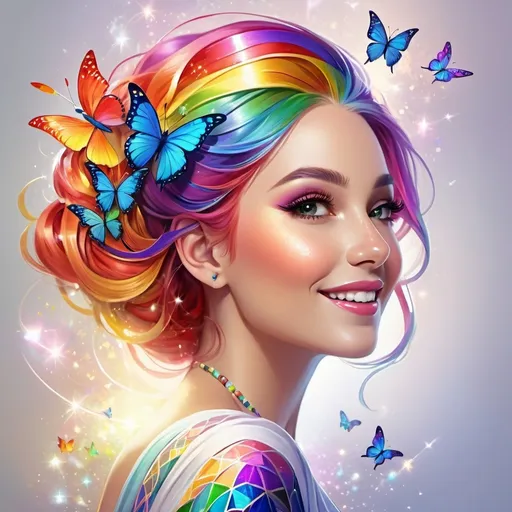 Prompt: (rainbow lady), vibrant colors, flowing multicolored hair, whimsical attire accentuated with geometric patterns, ethereal background with swirling hues, uplifting atmosphere, enchanting smile, surrounded by luminous butterflies, sparkling light effusions, magical feel, (4K), ultra-detailed, captivating composition, cheerful mood, reminiscent of a fairytale.