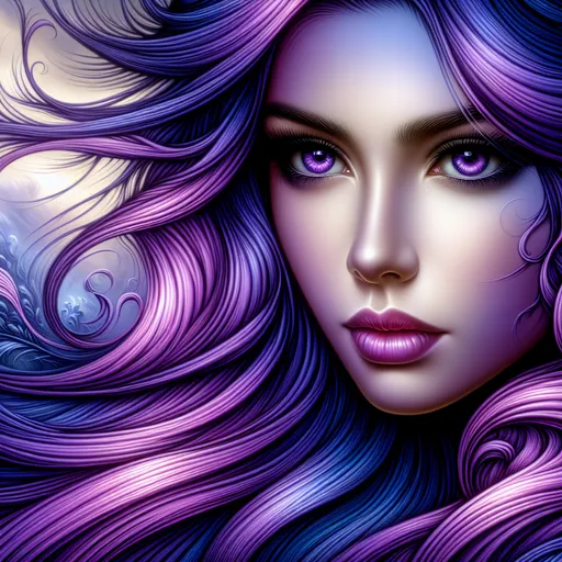 Prompt: a woman with  purple hair and violet eyes.  Edwin Georgi, fantasy art, highly detailed digital painting, an airbrush painting