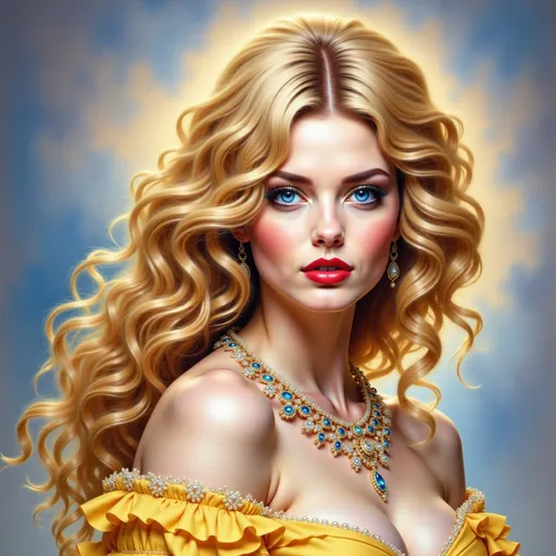 Prompt: a painting of a woman with long blonde hair and blue eyes wearing a yellow dress and gold jewelry and a necklace, Edwin Georgi, figurative art, highly detailed digital painting, a photorealistic painting