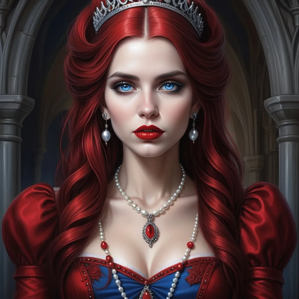 Prompt: a woman with  white hair, blue eyes, red lips, a tiara and pearls on her head and a red lip and a blue dress with a red and white collar, Anne Stokes, gothic art, highly detailed digital painting, a detailed painting