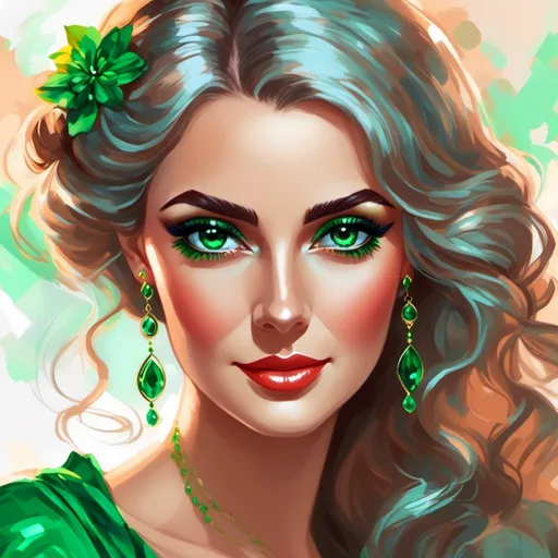 Prompt: <mymodel>Detailed illustration of a woman in vibrant green attire, large vivid green eyes, elegant makeup, digital painting, high resolution, realistic style, vibrant green, professional lighting