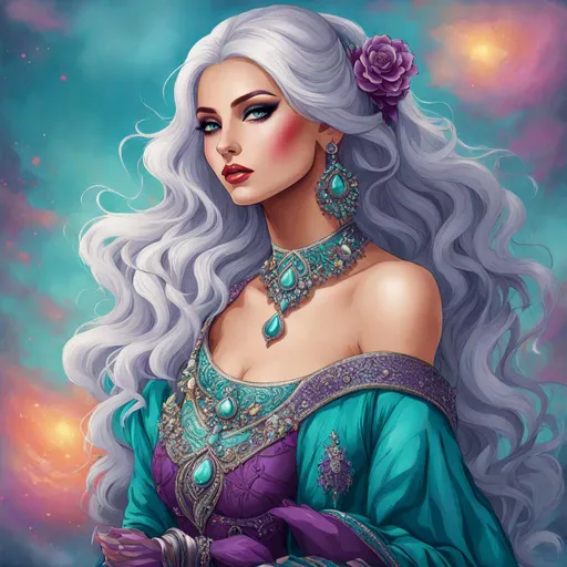 Prompt:  illustration of a young woman with beautiful silver hair, aqua and purple tones, elaborate jewelry, detailed makeup, colorful attire