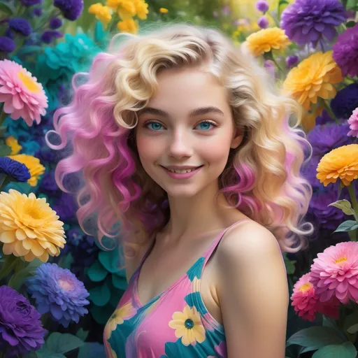 Prompt: Radiating a blend of charm and whimsy, a young woman stands amidst a vibrant garden filled with flowers in shades of pink, yellow, and purple, their colors popping against a dreamy backdrop of swirling teal and deep indigo. Her voluminous, curly blonde hair frames her delicate features, while a mischievous smile plays on her lips, accentuated by soft blush on her cheeks. Dressed in a shimmering teal bomber jacket paired with a flowing pastel pink skirt, she clutches a part of the fabric gently, drawing attention to her poised yet playful stance. Above her, a crescent moon glows softly, surrounded by twinkling stars that enhance the enchanting atmosphere, invoking a sense of mystique and wonder in this magical twilight scene. The overall visual style blends realism with fantasy, inviting the viewer to lose themselves in a captivating story woven through color and light.