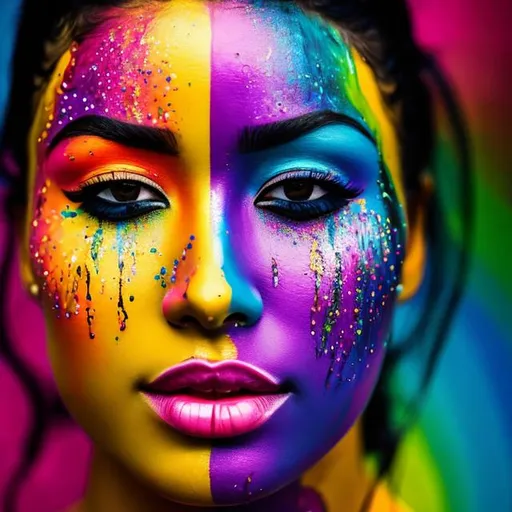 Prompt: female face dripping  paint in rainbow colors, facial closeup