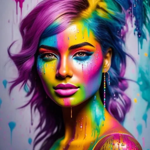 Prompt: Facial closeup of a female face, rainbow paint dripping, vibrant colors, high-definition, detailed, digital painting, close-up, colorful, expressive, rainbow paint drips, intense gaze, professional, vibrant, artistic, surreal, vivid colors, detailed facial features, digital art, high quality