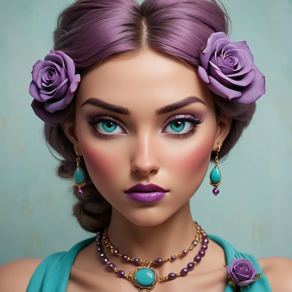 Prompt:  dusky purple rose , turquoise jewelry