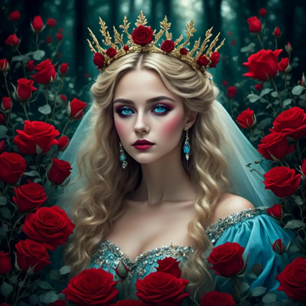 Prompt: <mymodel>Fairy tale, beautiful girl with white skin, (perfect face), light golden hair, blue pupils, red lips, forest style, mysterious, vintage fashion-dresses, with a transparent crystal crown on her head, the woman's body is so white Glows, (high detail) sitting on an oversized red rose, hyperdetail, ultra high definition.<mymodel>