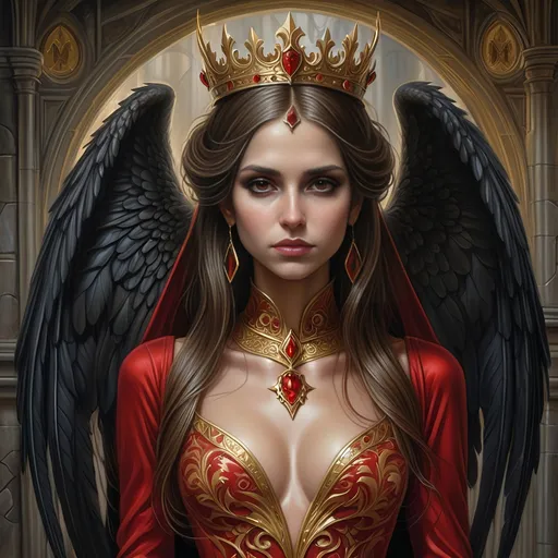 Prompt: a woman with a crown on her head and wings on her back and a red dress with gold trimmings and a red dress with gold trim, Anne Stokes, gothic art, dark fantasy art, a detailed painting