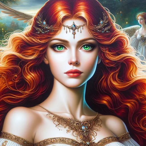 Prompt: a painting of a woman with red hair and green eyes wearing a white dress with gold trim and a red hair, Anne Stokes, fantasy art, kinkade, a detailed painting