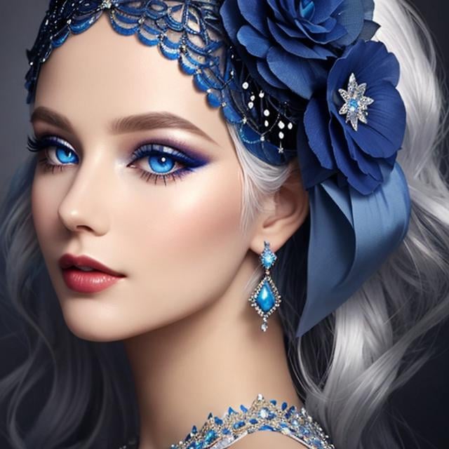 Prompt: A beautiful woman, white hair, blue eyes, blue eyeshadow, blue jewels o