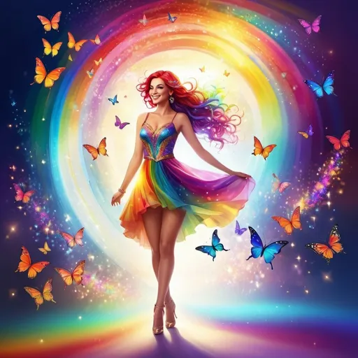 Prompt: (rainbow lady), vibrant colors, flowing multicolored hair, whimsical attire accentuated with geometric patterns, ethereal background with swirling hues, uplifting atmosphere, enchanting smile, surrounded by luminous butterflies, sparkling light effusions, magical feel, (4K), ultra-detailed, captivating composition, cheerful mood, reminiscent of a fairytale.