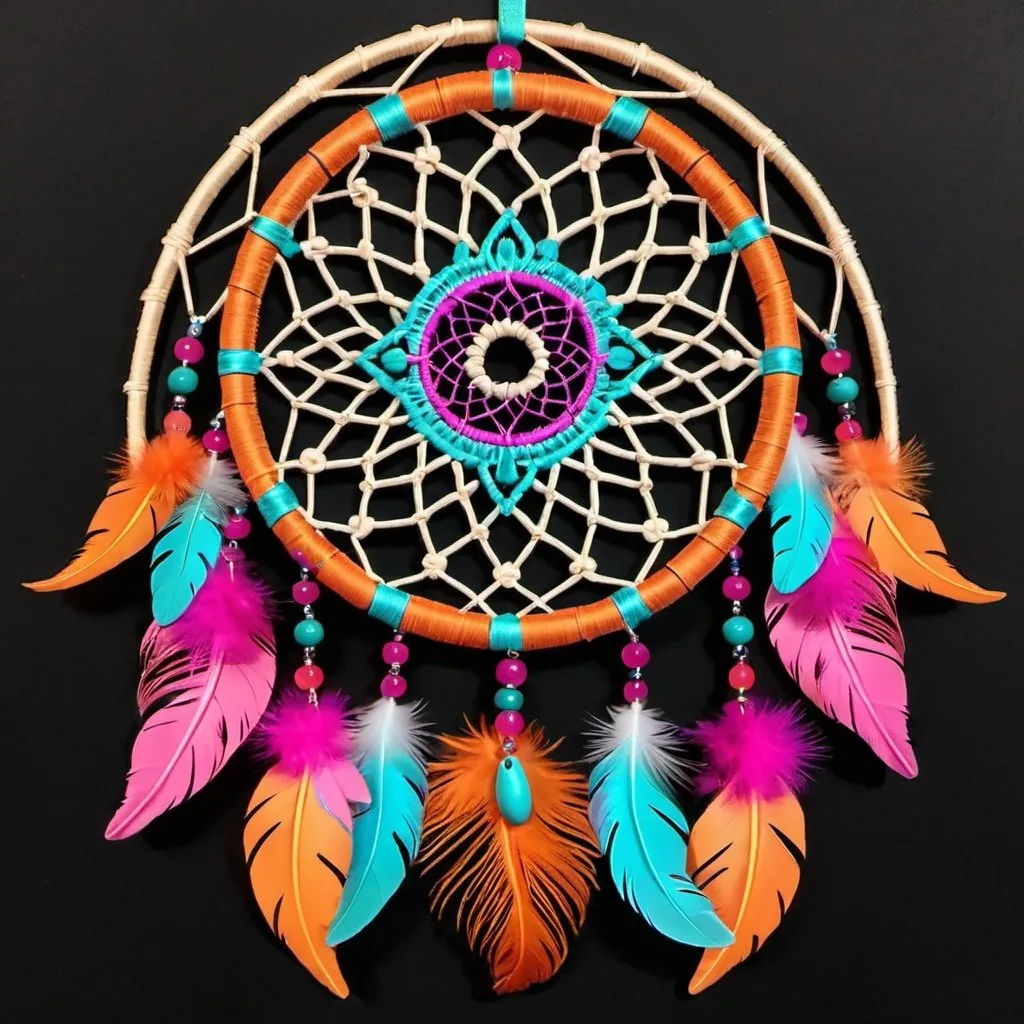 Prompt: An intricate dreamcatcher with feathers in colors of magenta,turquoise and orange