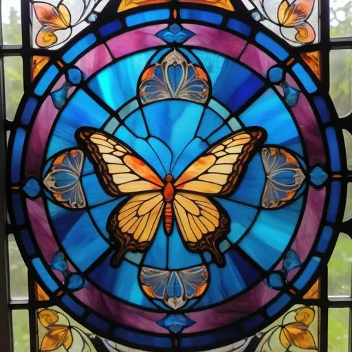 Prompt: simple mandala with bluestained glass window of a butterfly