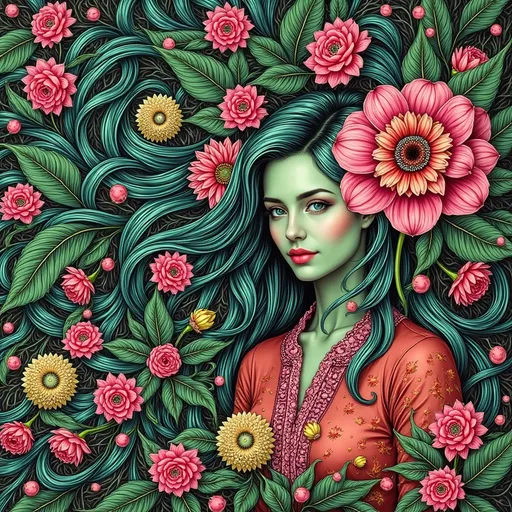 Prompt: a woman with flowers in her hair and leaves around her head, with a green background and pink flowers in her hair, Audrey Kawasaki, psychedelic art, tristan eaton, a detailed painting