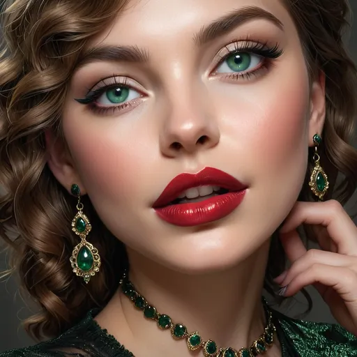 Prompt: With striking, glossy red lips and captivating, detailed green  eyes framed by long lashes, the subject exudes an air of elegance and sophistication. Her voluminous, curled hair cascades around her face, accentuating her radiant skin and the delicate jewelry she wears, including dangling earrings and a lavish necklace adorned with dark gemstones. Set against a subtly blurred background that enhances her prominence, the composition highlights the soft yet dramatic color palette, mixing warm skin tones with deep blues and rich reds. The lighting brings out her features with a soft glow, creating a glamorous and enchanting atmosphere that suggests confidence and allure. Overall, the image captures a moment of timeless beauty, embodying classic charm with a modern twist.
