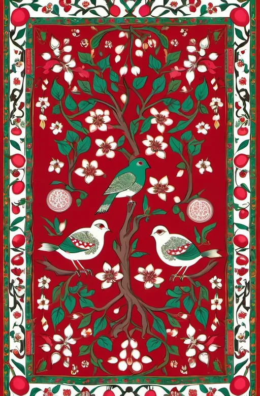 Prompt: A colorful design in the dimensions of 140centimeteres by 140 centimeters. It's main theme is red and white. There are pomegranates and cherry blossoms. with some green leaves and branches. It has some birds. Traditional Iranian style