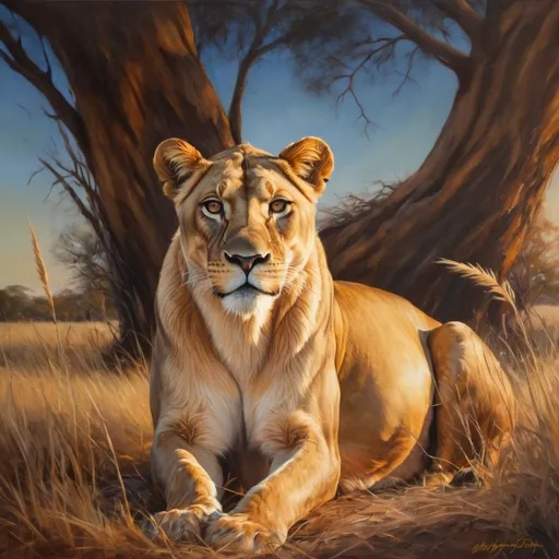 Prompt: Vibrant oil painting of a majestic lioness, golden mane flowing, intense and wise eyes, African savanna setting, warm sunset casting a golden glow, ultra-detailed, realistic style, warm tones, dramatic lighting, regal and powerful, lioness in the wild, wildlife art, oil painting, golden mane, intense eyes, savanna sunset, realistic, majestic