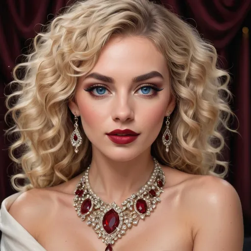 Prompt: Radiating timeless elegance, a stunning woman with cascading, glamorous blonde curls captivates the viewer with her striking presence. Her piercing blue eyes, accentuated with bold eyeliner, draw attention to her flawless complexion and perfectly crafted makeup, featuring a dramatic deep red lip. Adorned in a lavish pearl and ruby necklace that complements her sophisticated style, she also sports matching drop earrings that shimmer beautifully against her skin. The rich, burgundy backdrop enhances the luxurious atmosphere of the portrait, highlighting her poised expression and creating a mood of opulence and allure. The overall composition evokes a sense of classic beauty, capturing a moment that feels both regal and intimate.